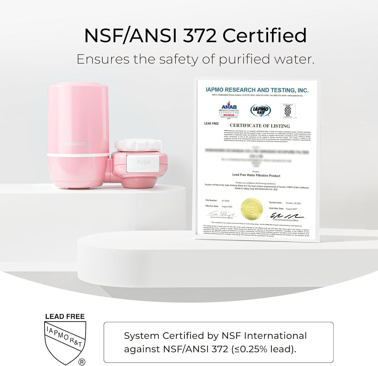 imageWaterdrop Sink Filter Water Faucet for Skin Care Bathroom Faucet Filter 320 Gallons NSF Certified Water Purifier 001m UltraFiltration System Reduces Chlorine LeadFree Material 1 Filter Pink