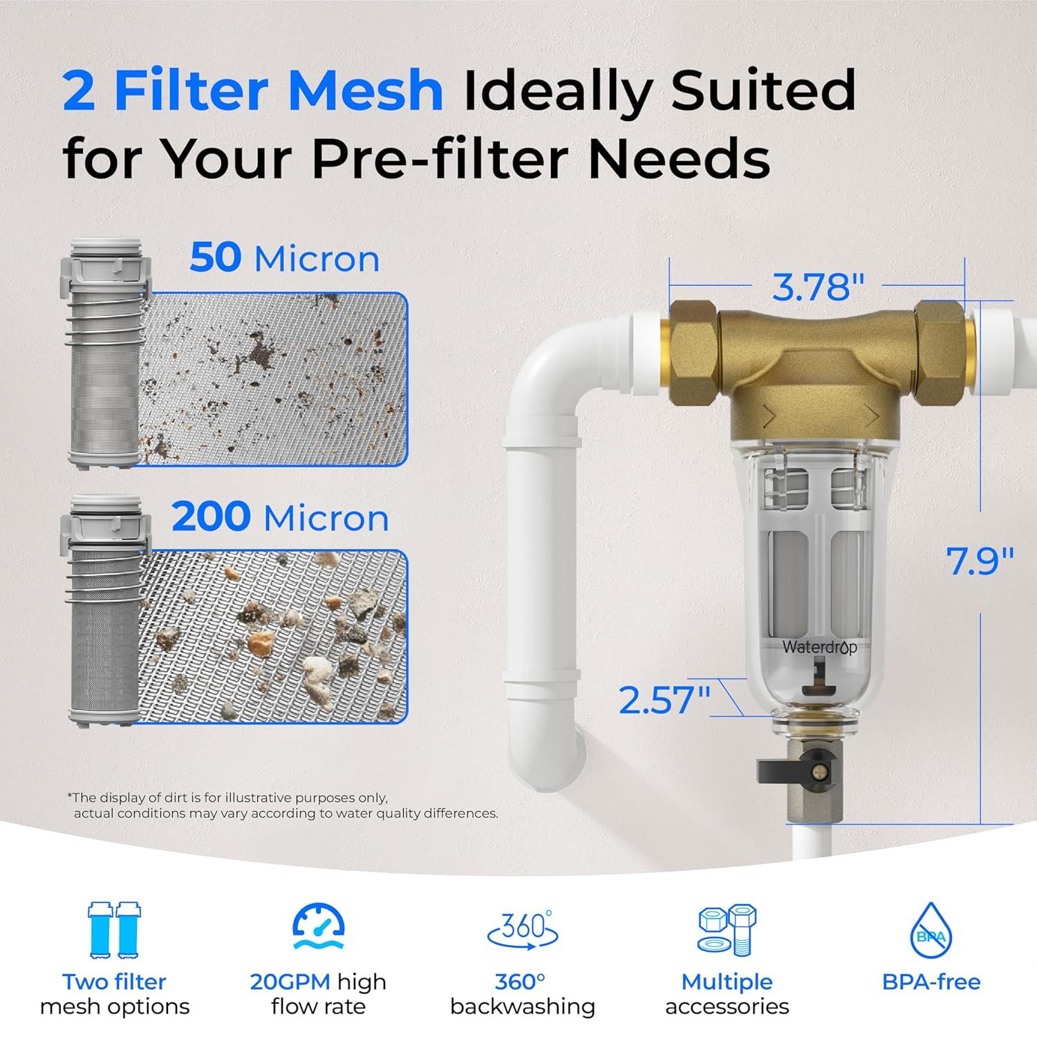 imageWaterdrop Spin Down Sediment Filter Backwash Whole House Water Filter System for Well Water 4050 Micron 1quot MNPT  34quot FNPT  34quot MNPT Traps Sand BPA Free WDRPFK50200 Micron