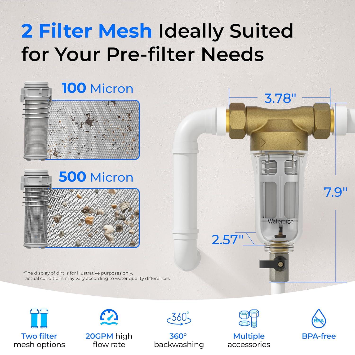 imageWaterdrop Spin Down Sediment Filter Backwash Whole House Water Filter System for Well Water 4050 Micron 1quot MNPT  34quot FNPT  34quot MNPT Traps Sand BPA Free WDRPFK100500 Micron