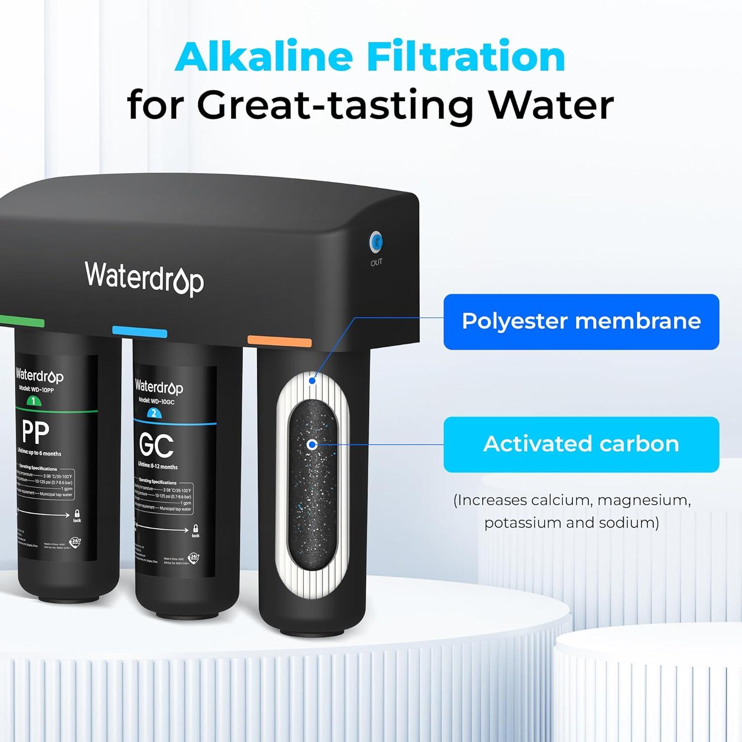 imageWaterdrop TSBALK 8 Layer Slightly Alkaline Under Sink Water Filter System Reduces PFAS PFOAPFOS Fluoride Chlorine Bad Taste ampamp Odor with Dedicated Faucet Under Sink Water Filtration SystemBlackAlkaline Water