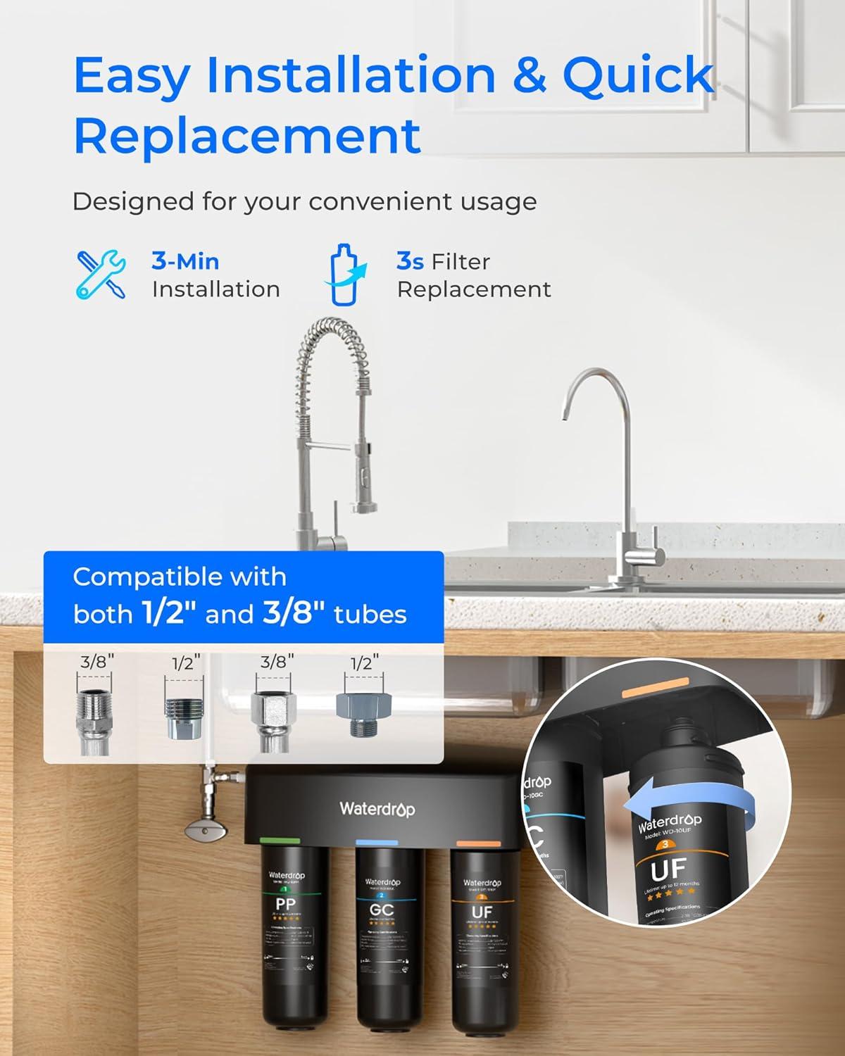 imageWaterdrop TSBALK 8 Layer Slightly Alkaline Under Sink Water Filter System Reduces PFAS PFOAPFOS Fluoride Chlorine Bad Taste ampamp Odor with Dedicated Faucet Under Sink Water Filtration SystemPitch Black001 m Ultra Filtration
