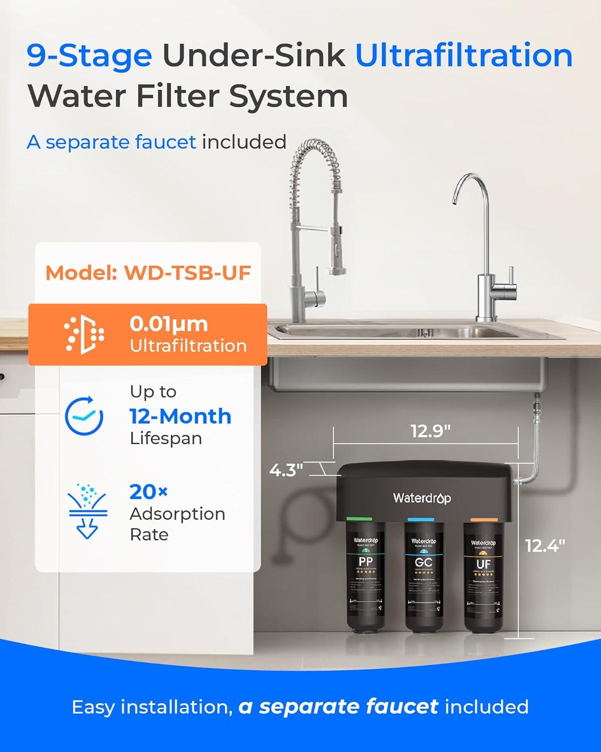 imageWaterdrop TSBALK 8 Layer Slightly Alkaline Under Sink Water Filter System Reduces PFAS PFOAPFOS Fluoride Chlorine Bad Taste ampamp Odor with Dedicated Faucet Under Sink Water Filtration SystemPitch Black001 m Ultra Filtration