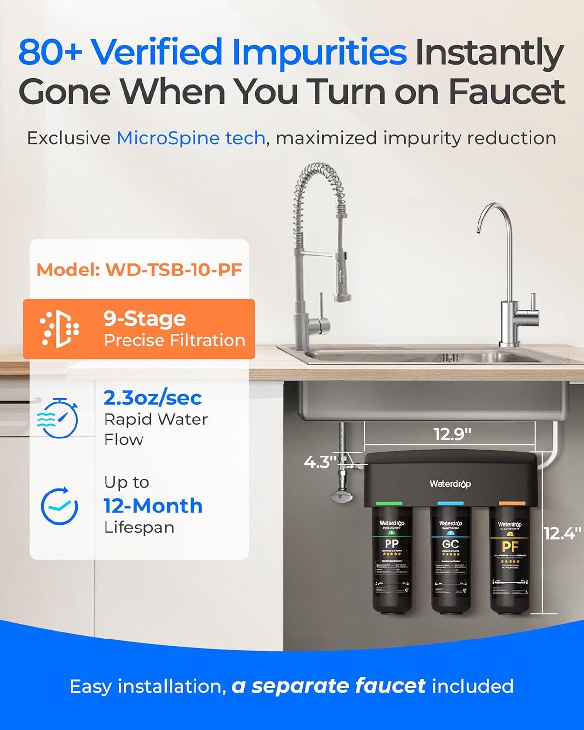 imageWaterdrop TSBPF Under Sink Water Filter   Chlorine Chloramine Fluoride PFAS TasteampampOdor 9 Layer Under Sink Water Filtration Systemwith A Separate FaucetBlack