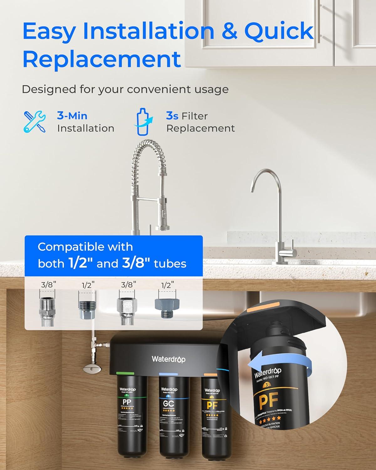 imageWaterdrop TSBPF Under Sink Water Filter   Chlorine Chloramine Fluoride PFAS TasteampampOdor 9 Layer Under Sink Water Filtration Systemwith A Separate FaucetBlack