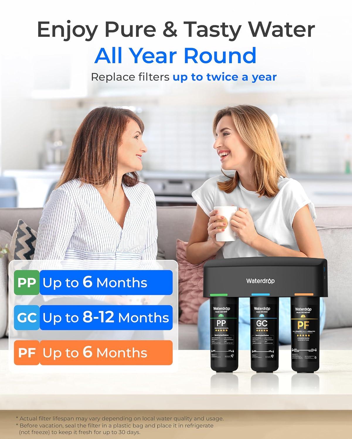 imageWaterdrop TSBPF Under Sink Water Filter   Chlorine Chloramine Fluoride PFAS TasteampampOdor 9 Layer Under Sink Water Filtration Systemwith A Separate FaucetBlack