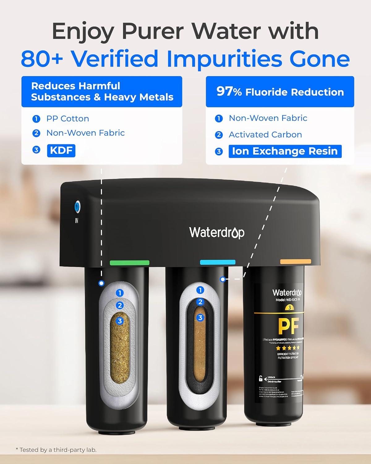imageWaterdrop TSBPF Under Sink Water Filter   Chlorine Chloramine Fluoride PFAS TasteampampOdor 9 Layer Under Sink Water Filtration Systemwith A Separate FaucetBlack