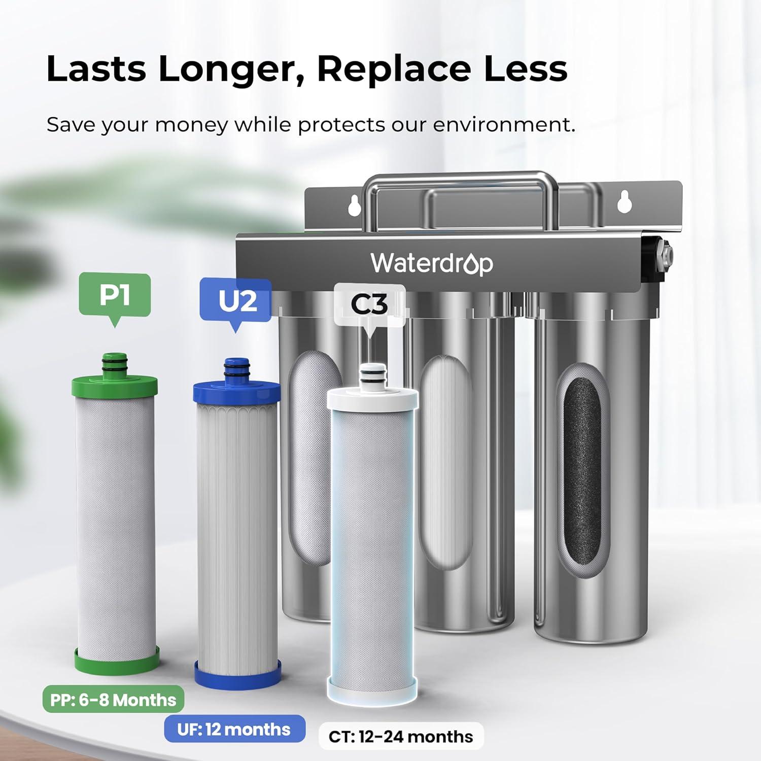 imageWaterdrop TSTUF 001m UltraFiltration Under Sink Water Filter System Stainless Steel Water Filter for Sink 5X Service Life Under Sink Water Filtration System Removes 99 of ContaminantsIncludes new dedicated faucet