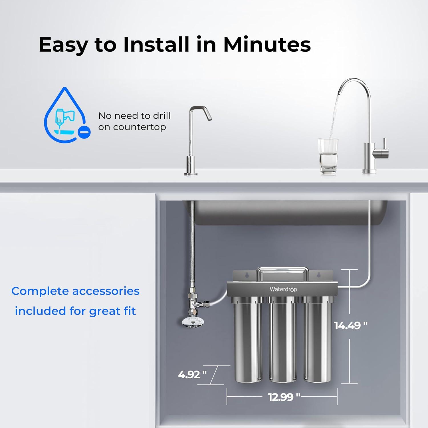 imageWaterdrop TSTUF 001m UltraFiltration Under Sink Water Filter System Stainless Steel Water Filter for Sink 5X Service Life Under Sink Water Filtration System Removes 99 of ContaminantsIncludes new dedicated faucet
