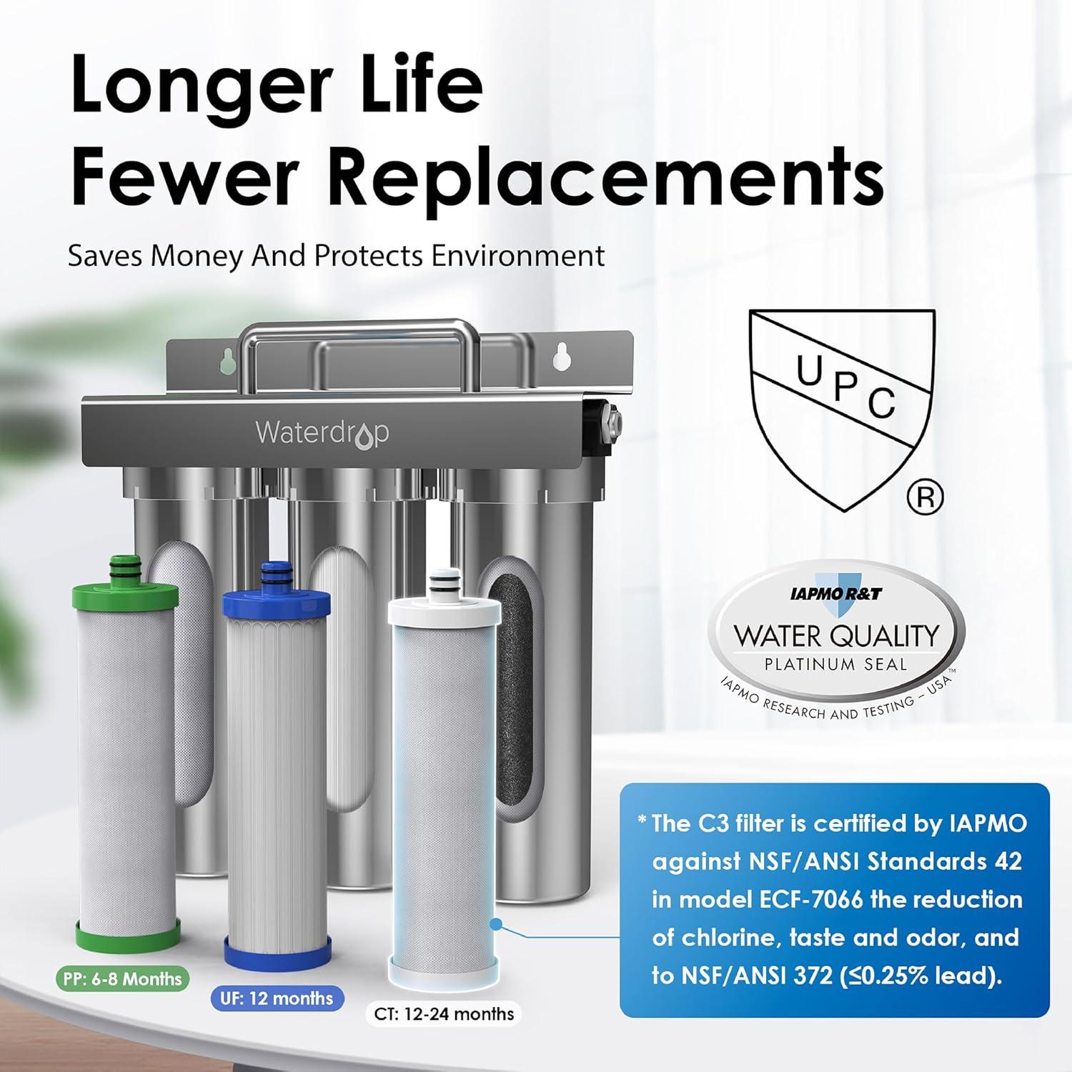 imageWaterdrop TSTUF 001m UltraFiltration Under Sink Water Filter System Stainless Steel Water Filter for Sink 5X Service Life Under Sink Water Filtration System Removes 99 of ContaminantsDirect Connect to Main Tap
