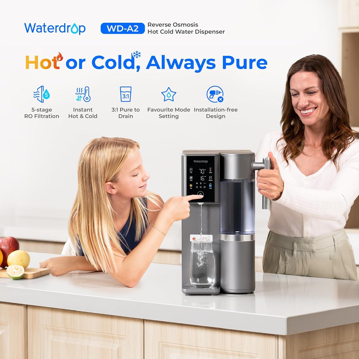 imageWaterdrop WDA2 Countertop Reverse Osmosis System    RO System Portable Pure Water Tank Bottleless Water Cooler 6 Temperature Settings Hot Cold Room Water 31 Pure to DrainDark Gray