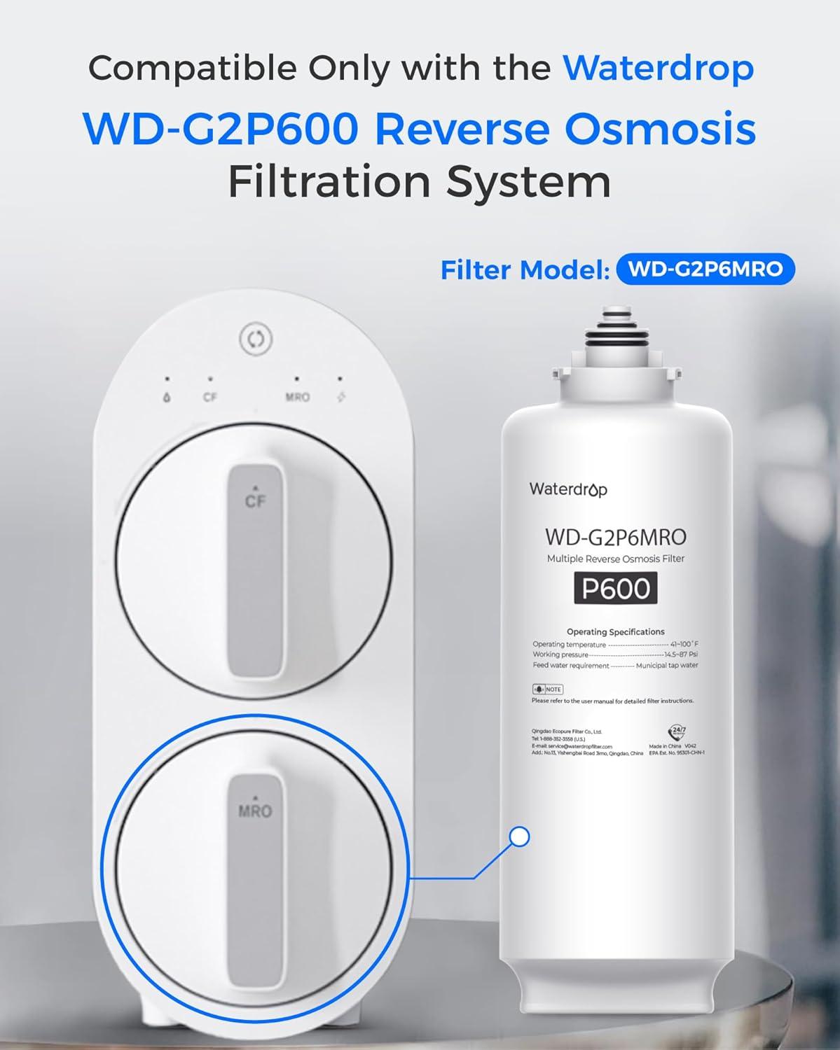 imageWaterdrop WDG2P600RO Filter Replacement for WDG2P600W Reverse Osmosis System 2year Lifetime Reduce PFAS
