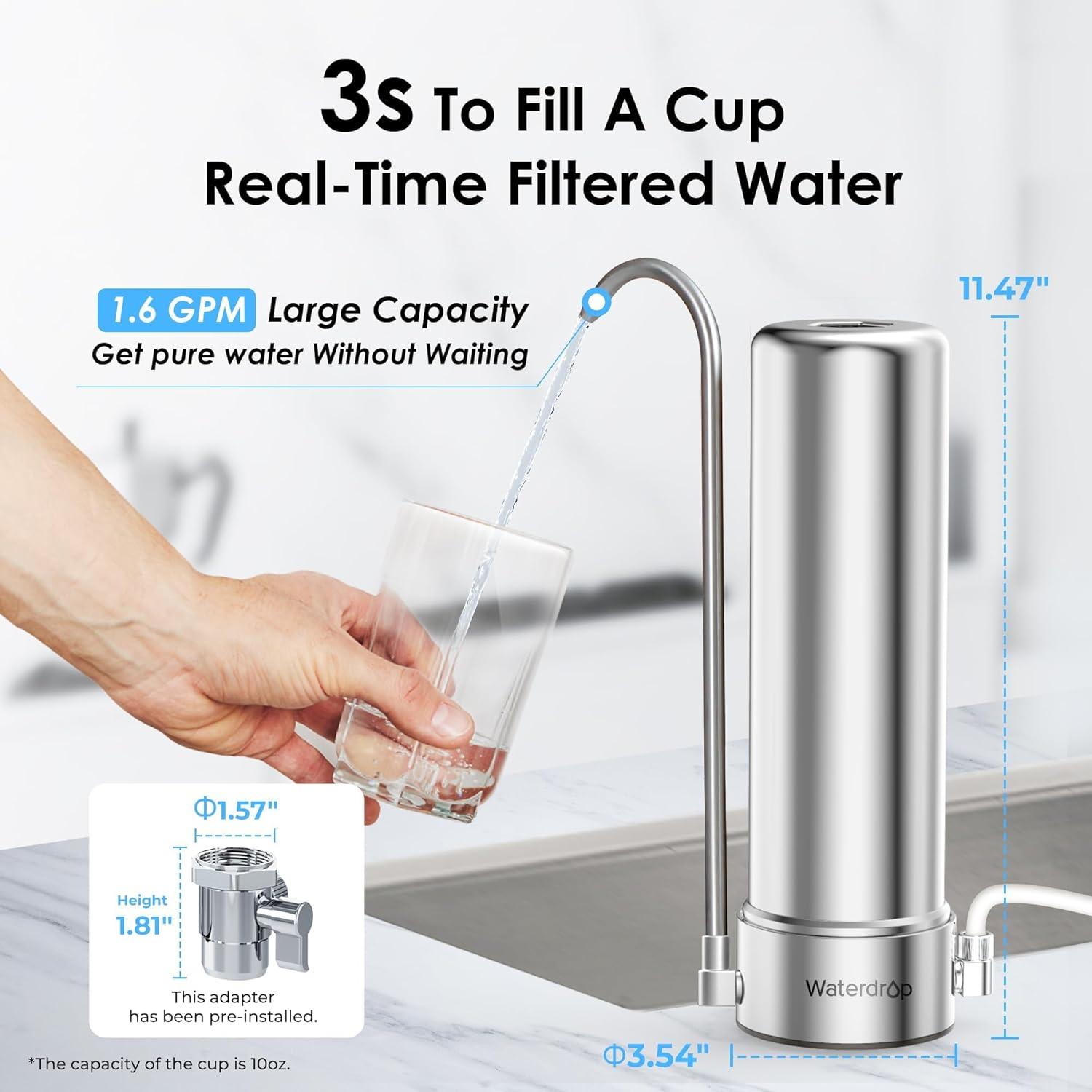 imageWaterdrop Water Filter for Sink Faucet 4000 Gallons Countertop Water Filter System and Filter Life Reminder Reduces Heavy Metals Bad Odor and 99 Chlorine WDCTF05 1 FilterStainless Steel