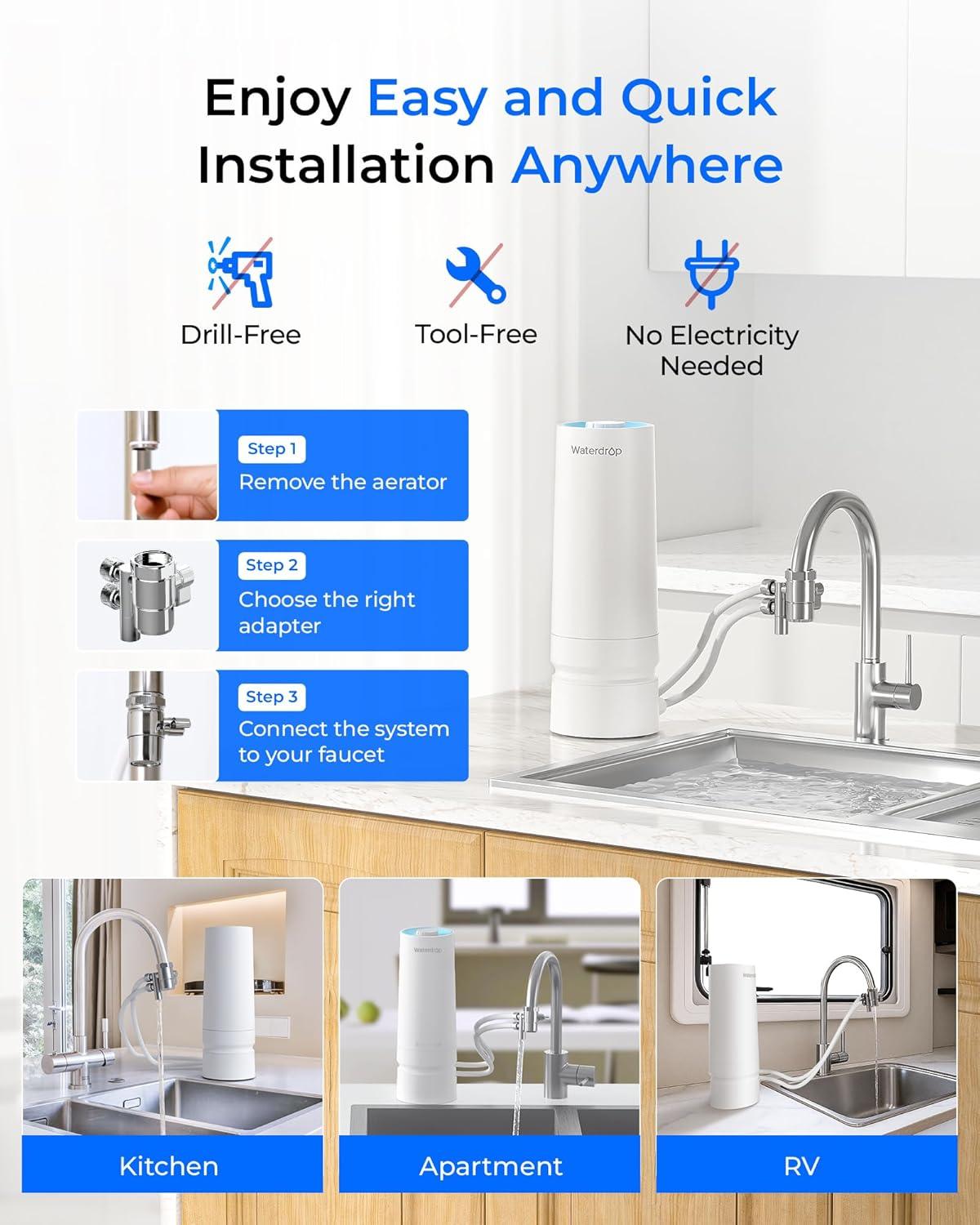 imageWaterdrop Water Filter for Sink Faucet 4000 Gallons Countertop Water Filter System and Filter Life Reminder Reduces Heavy Metals Bad Odor and 99 Chlorine WDCTF05 1 FilterPlastic