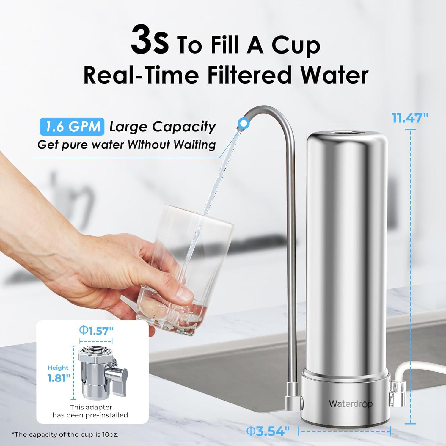 imageWaterdrop Water Filter for Sink Faucet 4000 Gallons Countertop Water Filter System and Filter Life Reminder Reduces Heavy Metals Bad Odor and 99 Chlorine WDCTF05 1 FilterStainless Steel