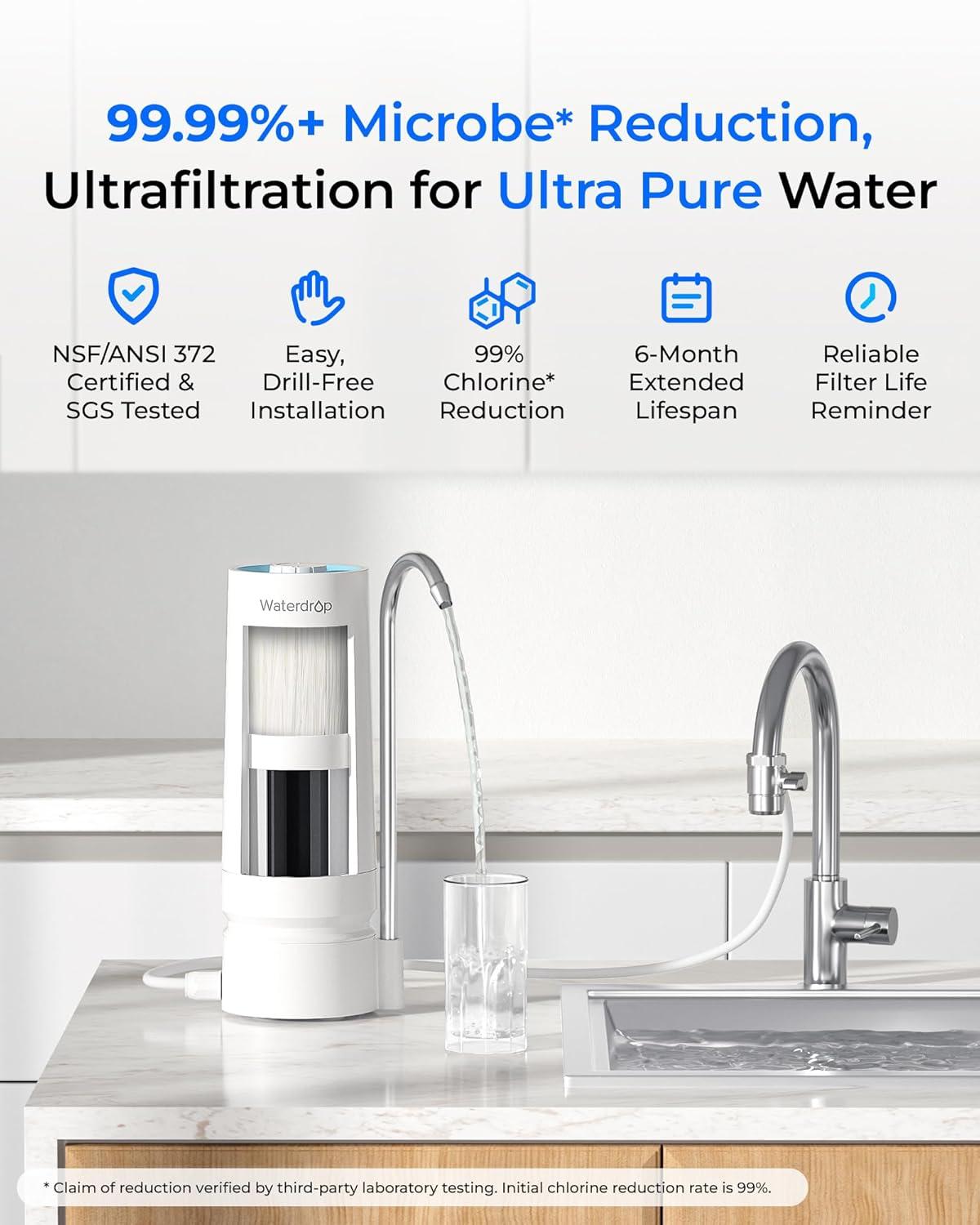 imageWaterdrop Water Filter for Sink Faucet 4000 Gallons Countertop Water Filter System and Filter Life Reminder Reduces Heavy Metals Bad Odor and 99 Chlorine WDCTF05 1 FilterPlastic