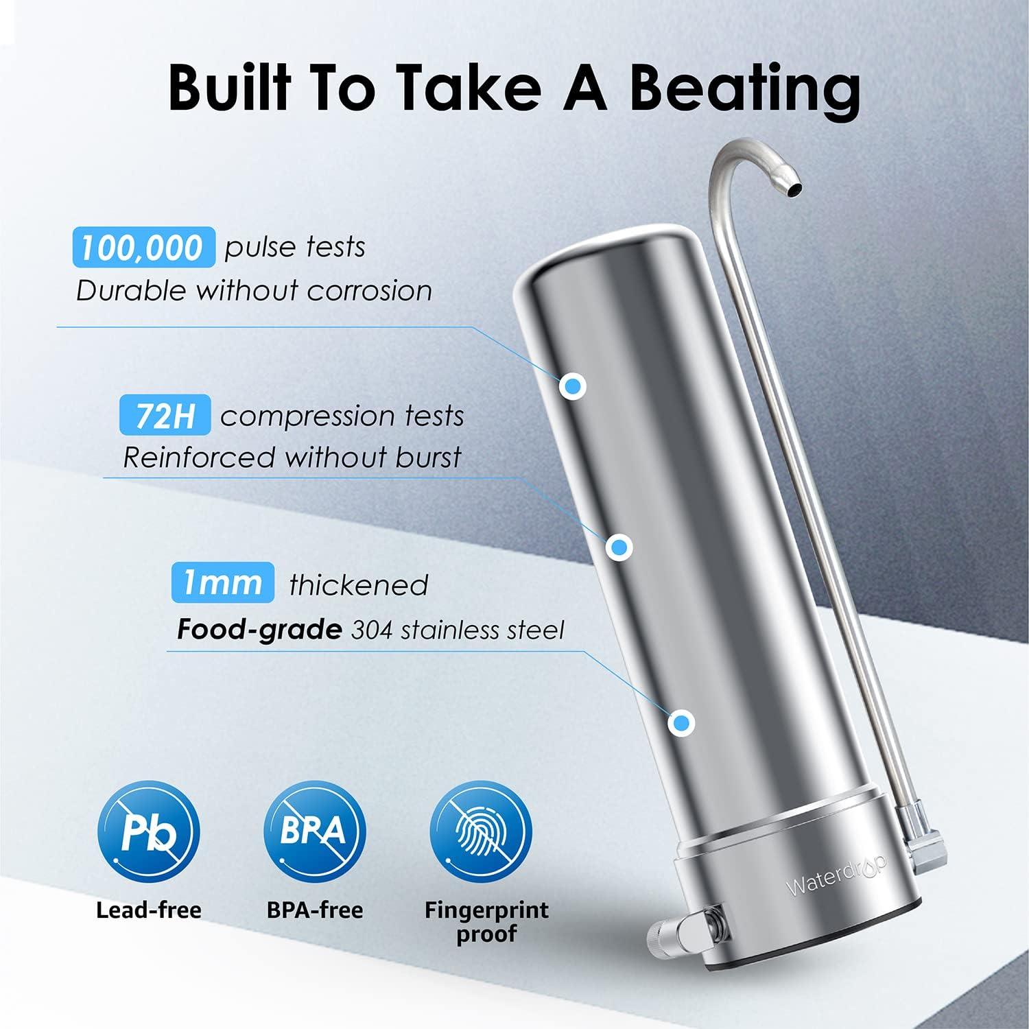 imageWaterdrop Water Filter for Sink Faucet 4000 Gallons Countertop Water Filter System and Filter Life Reminder Reduces Heavy Metals Bad Odor and 99 Chlorine WDCTF05 1 FilterStainless Steel