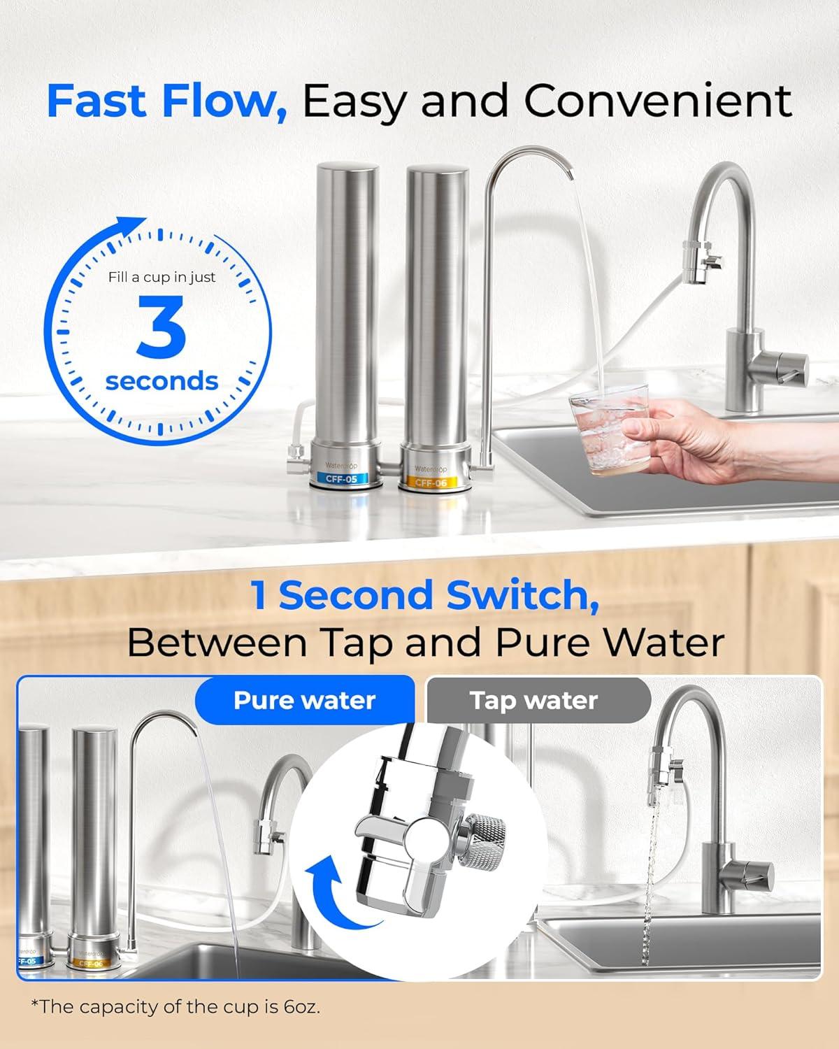 imageWaterdrop Water Filter for Sink Faucet 4000 Gallons Countertop Water Filter System and Filter Life Reminder Reduces Heavy Metals Bad Odor and 99 Chlorine WDCTF05 1 FilterStainless Steel