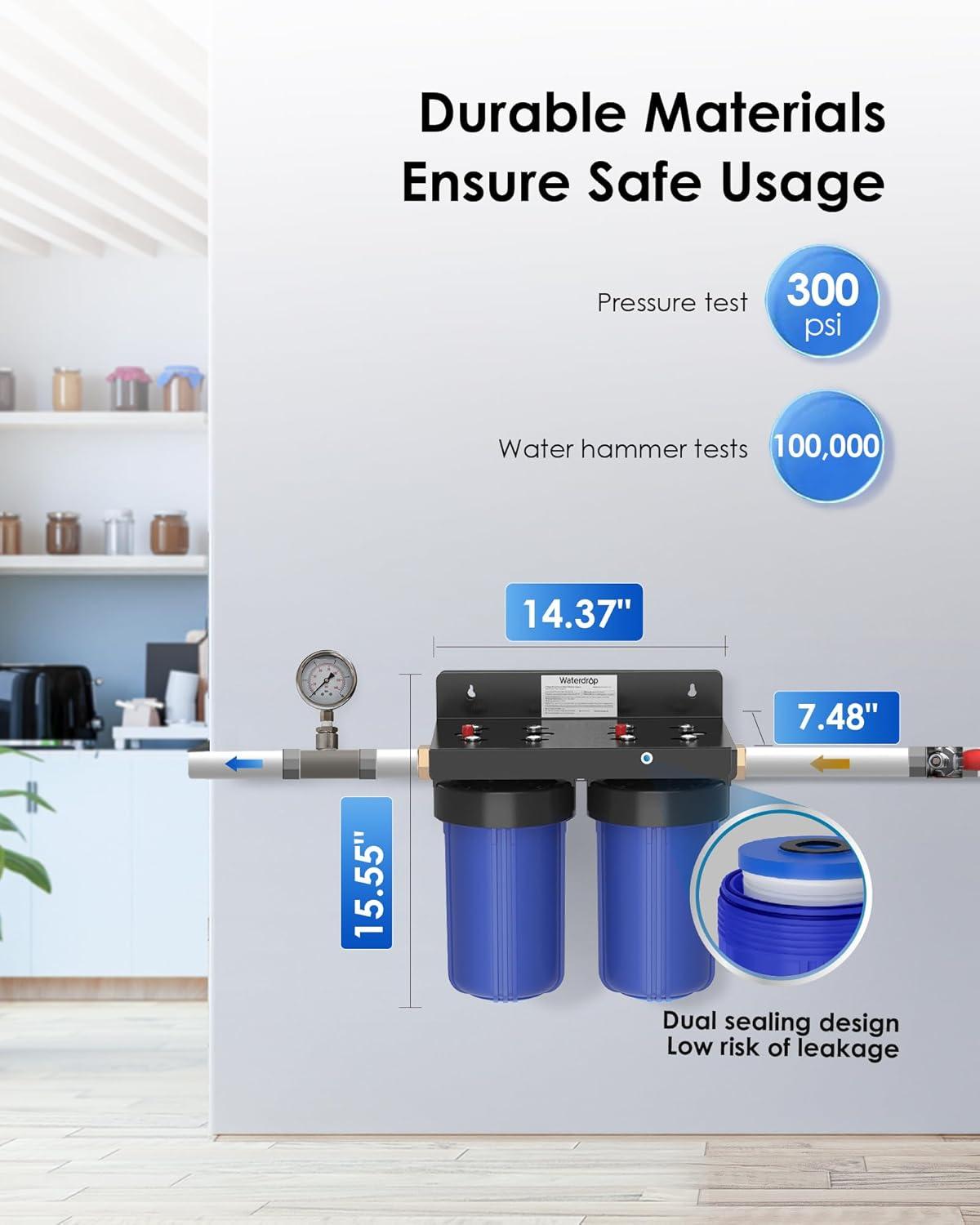 imageWaterdrop Whole House Water Filter System with Carbon Filter and Sediment Filter 5Stage Filtration Highly Reduce Lead Chlorine Odor and Taste 2Stage 5 Micron WDWHF21PG 1quot InletOutletStandard Sediment Filter