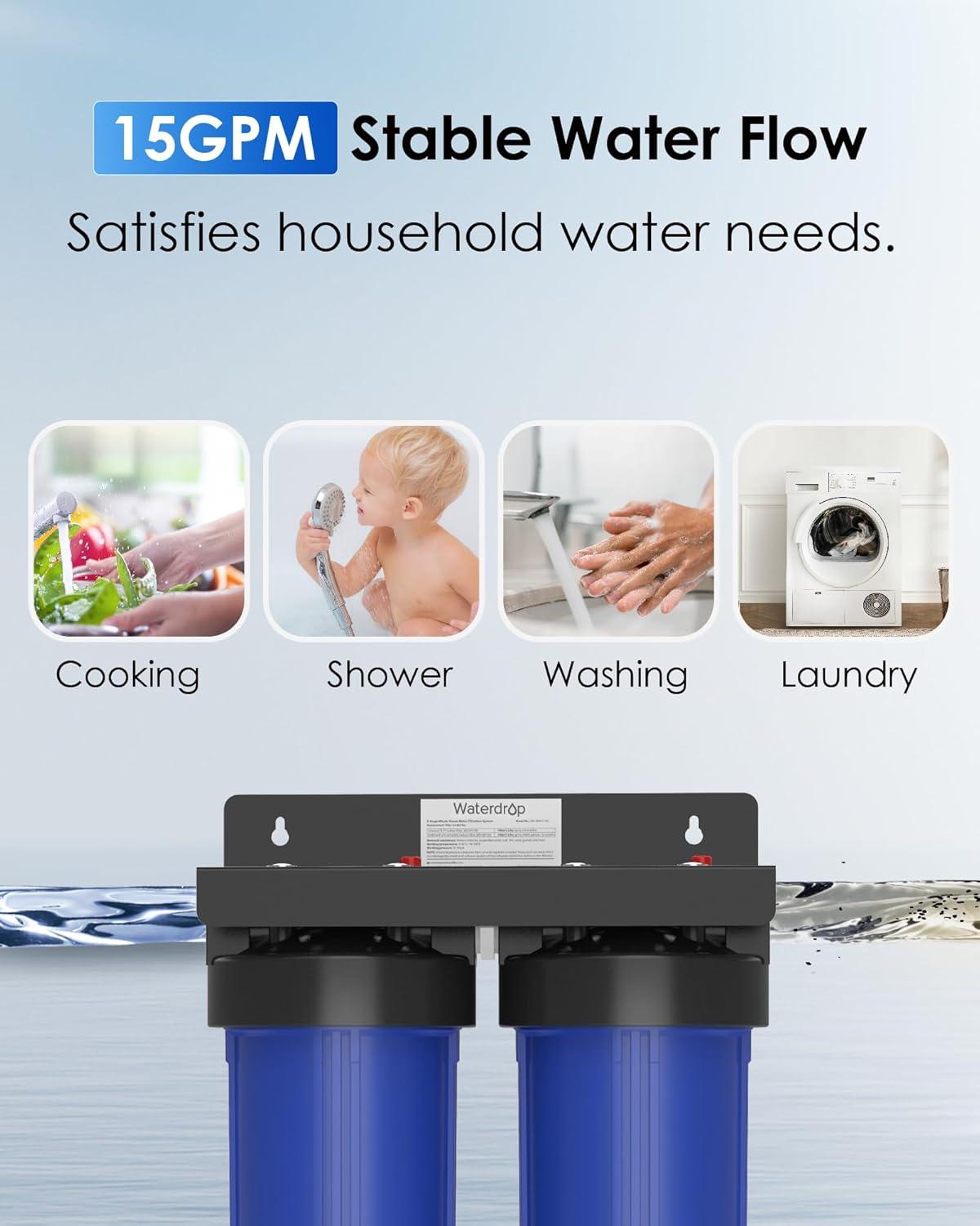 imageWaterdrop Whole House Water Filter System with Carbon Filter and Sediment Filter 5Stage Filtration Highly Reduce Lead Chlorine Odor and Taste 2Stage 5 Micron WDWHF21PG 1quot InletOutletStandard Sediment Filter