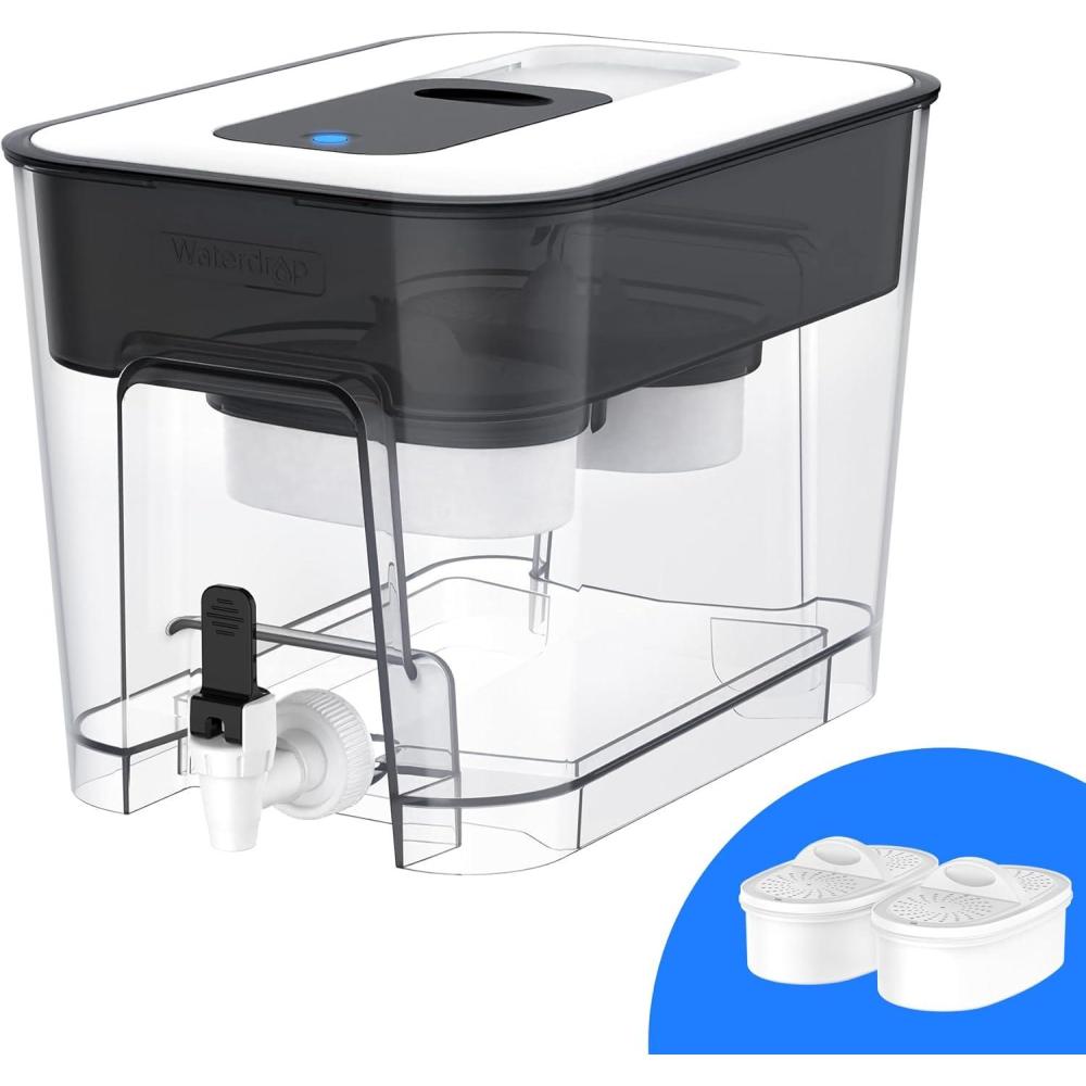 imageWaterdrop 40Cup Large Water Filter Dispenser with 1 Filter 200Gallon LongLife for Home and Office 5X Times Lifetime Reduces Chlorine PFOAPFOS and More BPA Free BlackBlackDouble