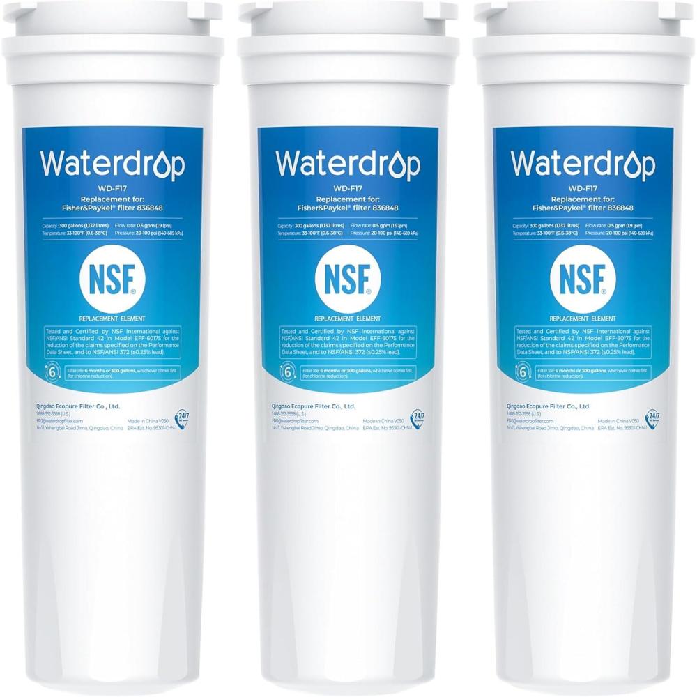 imageWaterdrop 836848 Replacement for Fisher ampamp Paykel 836860 862285 862284 E402 E442B E522B RO185014 RO185011 Refrigerator Water Filter Pack of 3