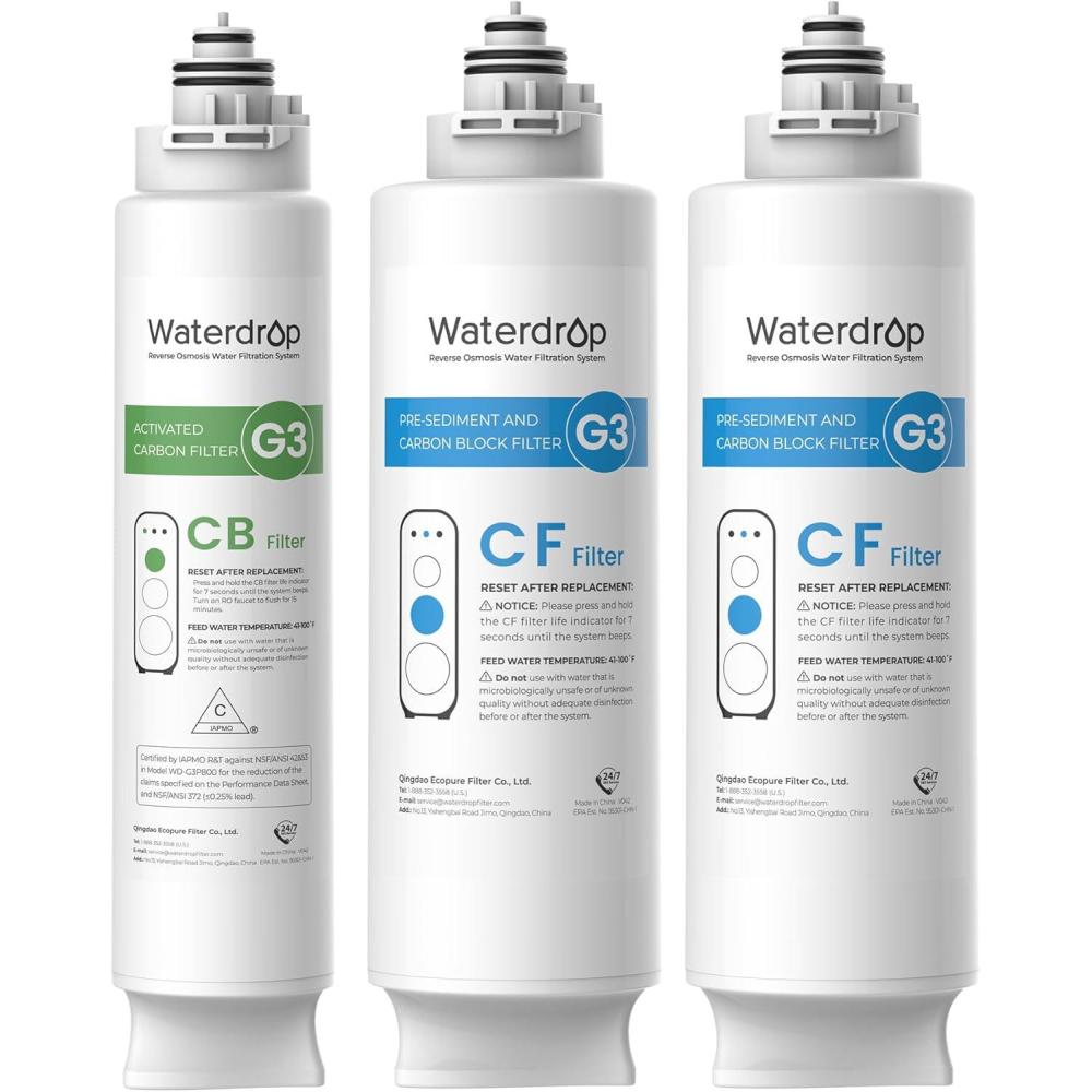 imageWaterdrop G3 Replacement Filter 1Year Combo Pack of 2 WDG3CF Filters and 1 WDG3CB Filter Replacement for WDG3W WDG3P600 and WDG3P800W Reverse Osmosis System
