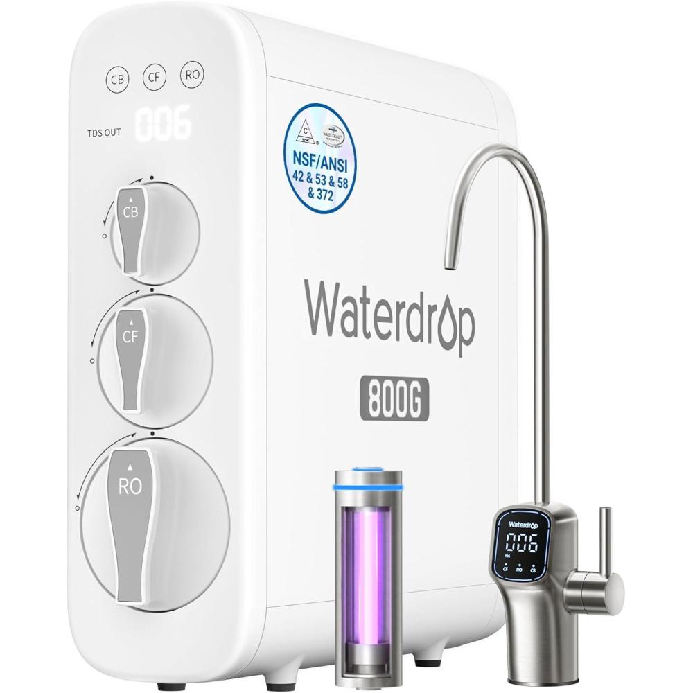 imageWaterdrop G3P800 Reverse Osmosis System 800 GPD Fast Flow NSFANSI 42 ampamp 53 ampamp 58 ampamp 372 Certified 31 Pure to Drain Tankless Under Sink RO Water Filter System LED Purifier Smart FaucetWhite