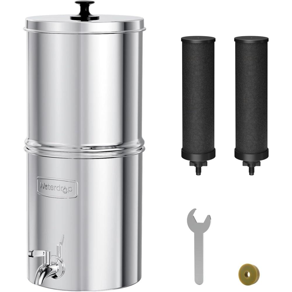 imageWaterdrop Gravityfed Water Filter System 225G StainlessSteel System with 4 Filters Metal Water Level Spigot and Stand NSFANSI 42ampamp372 Standard Reduces ChlorineKing Tank for Emergencies15G