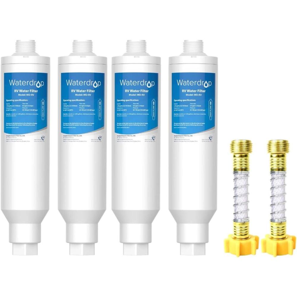 imageWaterdrop RVMarine Water Filter Camper Water Filter NSF Certified Garden Hose Filter Greatly Reduces Chlorine Bad Taste Odor 2 PackFilter 4 Pack with 2 Hose Protector