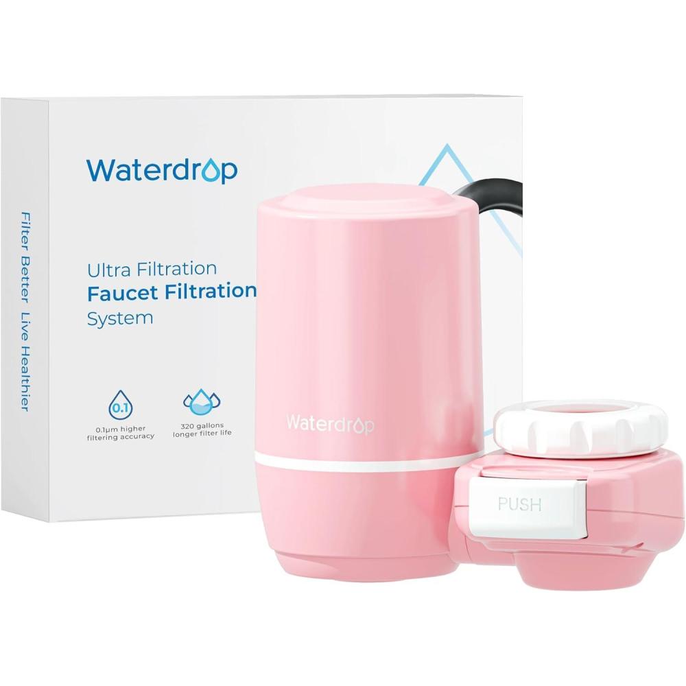 imageWaterdrop Sink Filter Water Faucet for Skin Care Bathroom Faucet Filter 320 Gallons NSF Certified Water Purifier 001m UltraFiltration System Reduces Chlorine LeadFree Material 1 Filter Pink