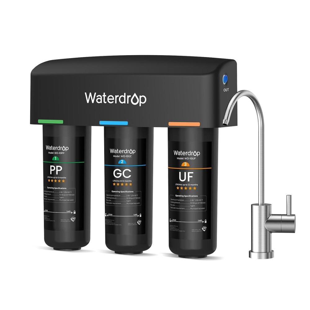 imageWaterdrop TSBALK 8 Layer Slightly Alkaline Under Sink Water Filter System Reduces PFAS PFOAPFOS Fluoride Chlorine Bad Taste ampamp Odor with Dedicated Faucet Under Sink Water Filtration SystemPitch Black001 m Ultra Filtration