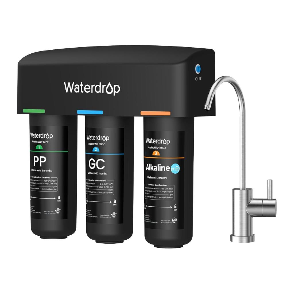 imageWaterdrop TSBALK 8 Layer Slightly Alkaline Under Sink Water Filter System Reduces PFAS PFOAPFOS Fluoride Chlorine Bad Taste ampamp Odor with Dedicated Faucet Under Sink Water Filtration SystemBlackAlkaline Water