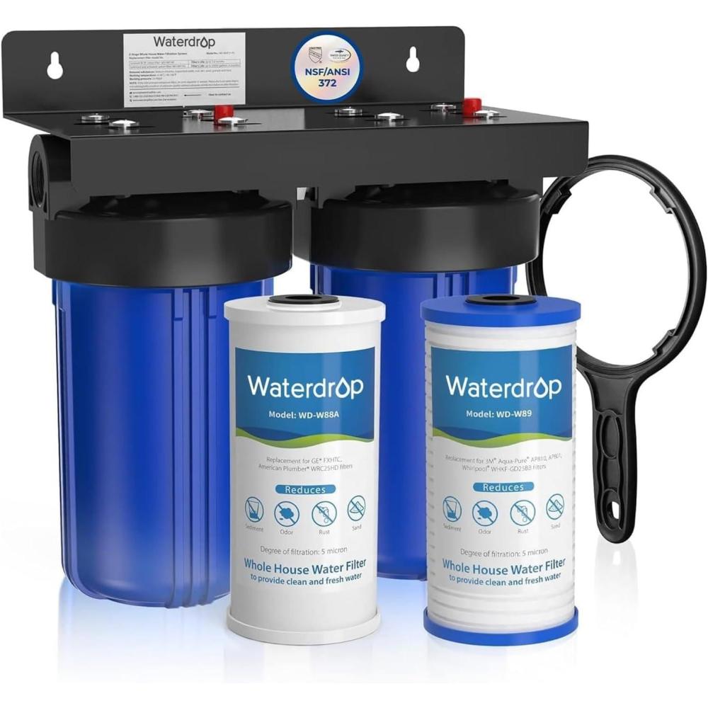imageWaterdrop Whole House Water Filter System with Carbon Filter and Sediment Filter 5Stage Filtration Highly Reduce Lead Chlorine Odor and Taste 2Stage 5 Micron WDWHF21PG 1quot InletOutletStandard Sediment Filter