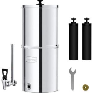imageWaterdrop Gravityfed Water Filter System 225G StainlessSteel System with 4 Filters Metal Water Level Spigot and Stand NSFANSI 42ampamp372 Standard Reduces ChlorineKing Tank for Emergencies225G