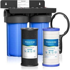 imageWaterdrop Whole House Water Filter System with Carbon Filter and Sediment Filter 5Stage Filtration Highly Reduce Lead Chlorine Odor and Taste 2Stage 5 Micron WDWHF21PG 1quot InletOutletStandard Carbon  Sediment Filter