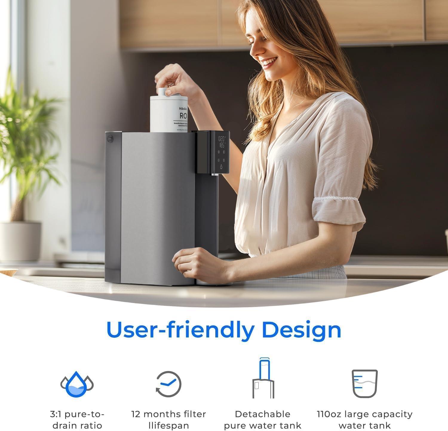 image Instant Hot  Waterdrop C1G Countertop Reverse Osmosis System NSFANSI 58ampamp372 Certified 6 Stage Hot RO Water Filter No Installation Required 31 Pure to Drain Glass Bottle IncludedGray