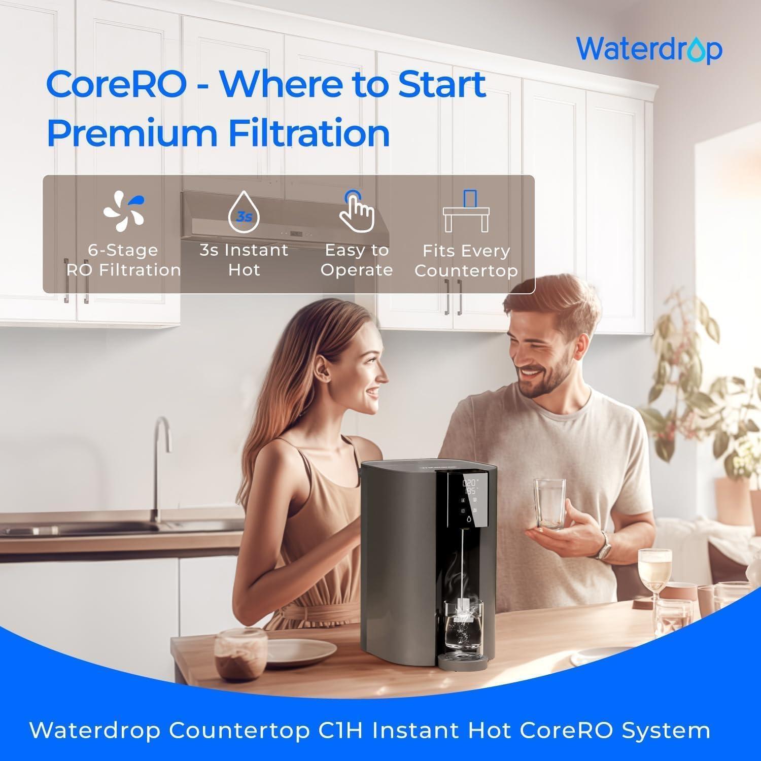 image Instant Hot  Waterdrop C1G Countertop Reverse Osmosis System NSFANSI 58ampamp372 Certified 6 Stage Hot RO Water Filter No Installation Required 31 Pure to Drain Glass Bottle IncludedGray
