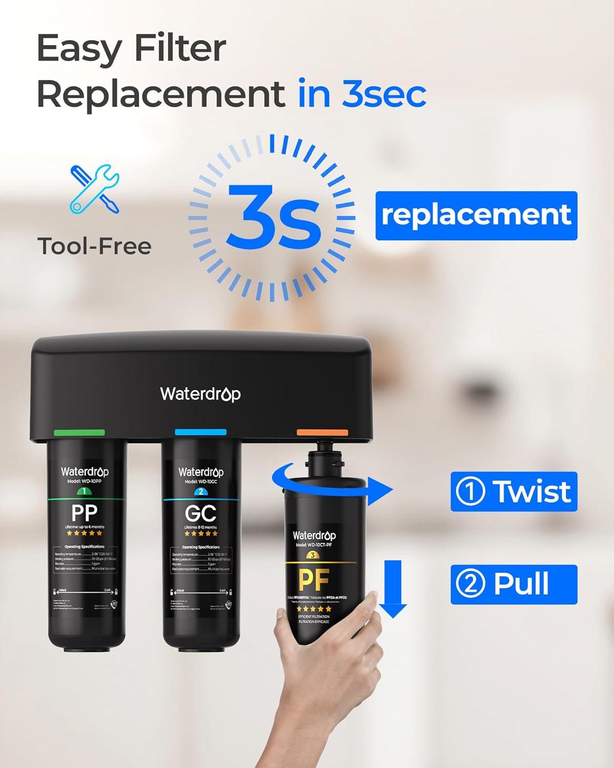 imageWaterdrop 10CTPF Filter Replacement Replacement for Waterdrop TSBPF Under Sink Water Filter Under Sink Water Filtration System 1 Pack