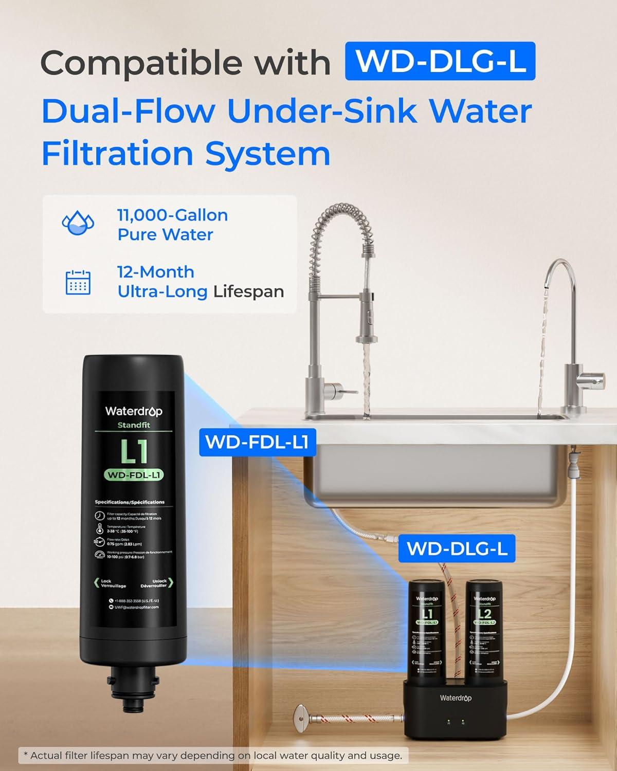 imageWaterdrop FDLL1 Replacement Water Filter Replacement for Waterdrop DLGL Under Sink Water Filter Under Sink Water Filtration System
