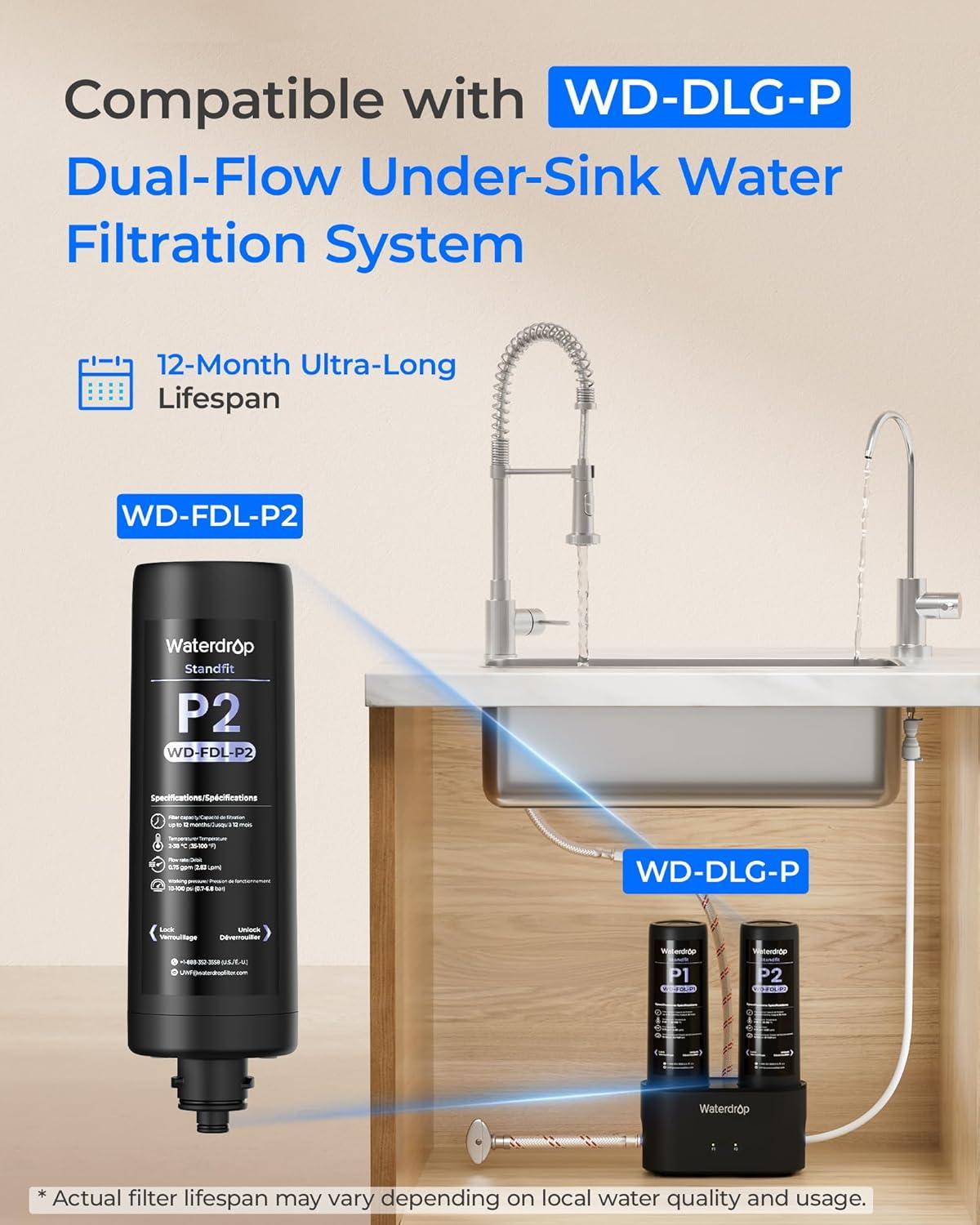 imageWaterdrop FDLP2 Replacement Water Filter Replacement for Waterdrop DLGP Under Sink Water Filter Under Sink Water Filtration System