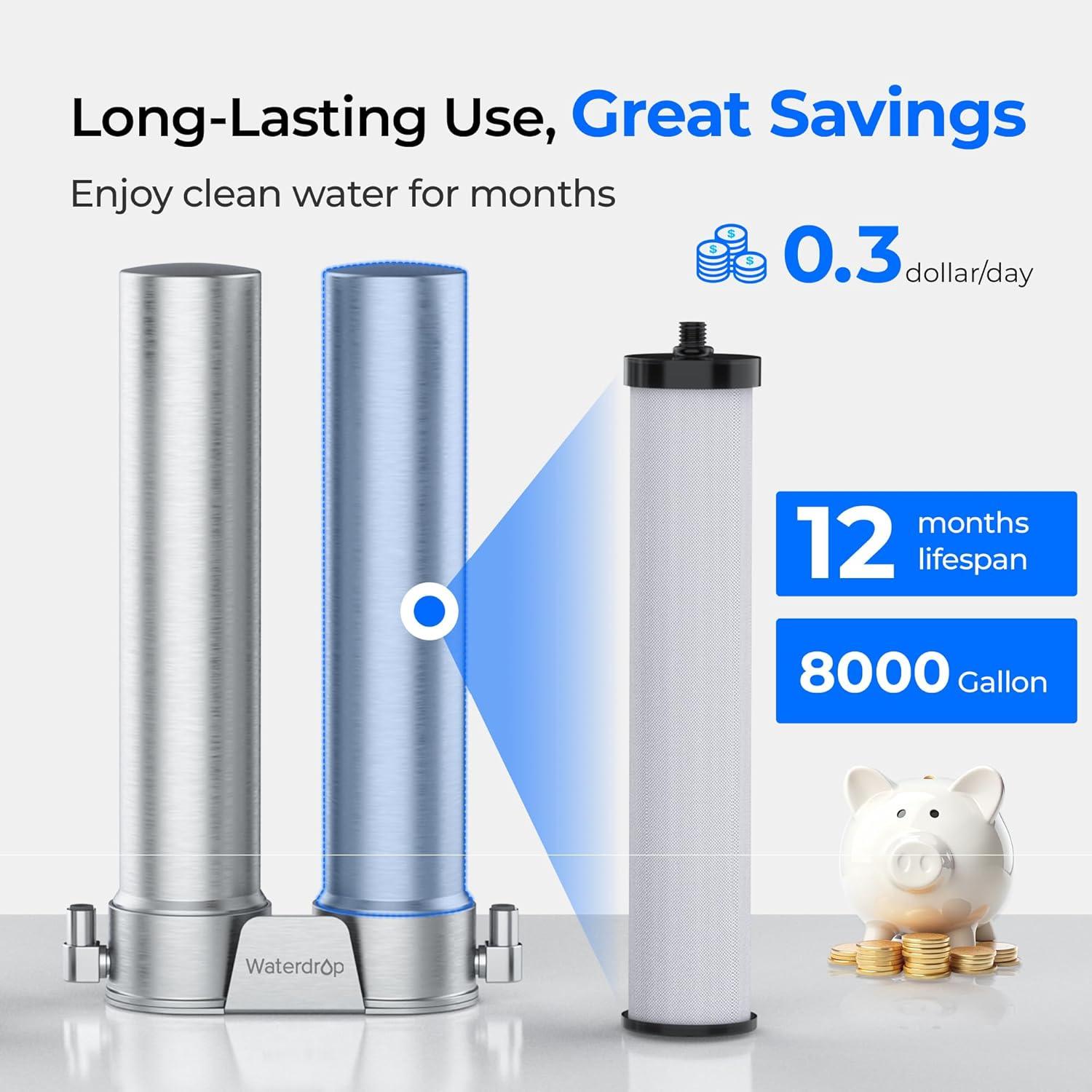 imageWaterdrop WDDSC2 Under Sink Water Filter Replacement for Waterdrop DST Stainless Steel Under Sink Water Filtration System Replacement Water Filters Reduce Chlorine 12 Months Long Life
