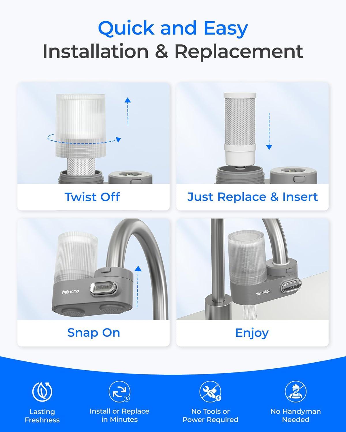 imageWaterdrop WDFF07 Replacement Filter Faucet Water Filter Replacement for WDFC07 Reduces Chlorine Taste and Odor Last Up to 9 Months Pack of 3